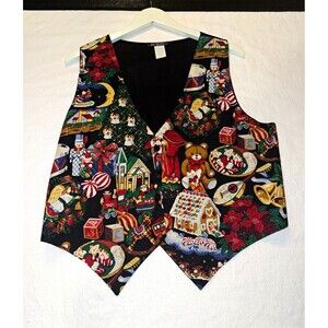 Vintage 111 Main Women's L Christmas Holiday Graphic 3-Button Lined Vest Cotton